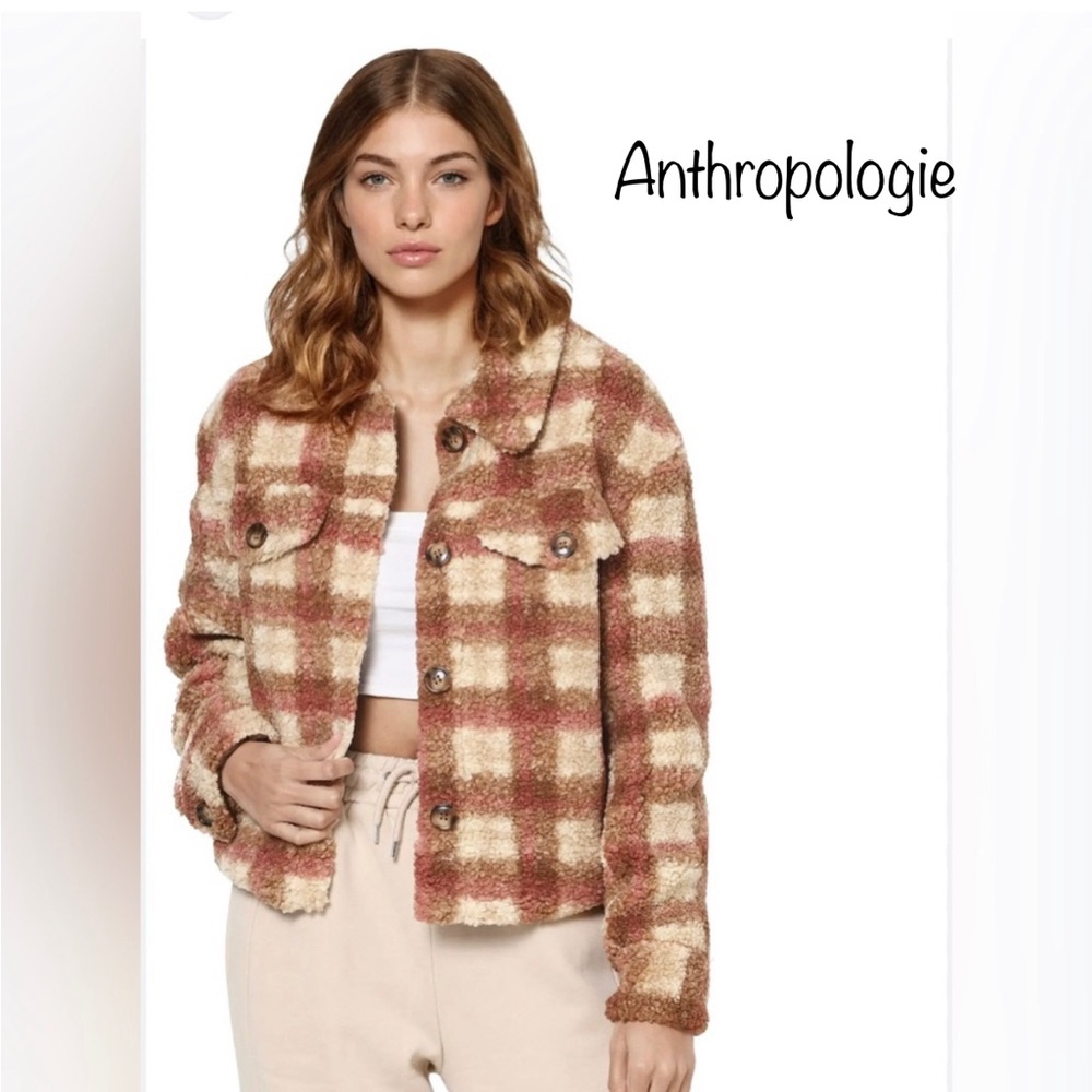 Anthropologie Avec Les Filles Plaid Faux Shearling Trucker Jacket size small.